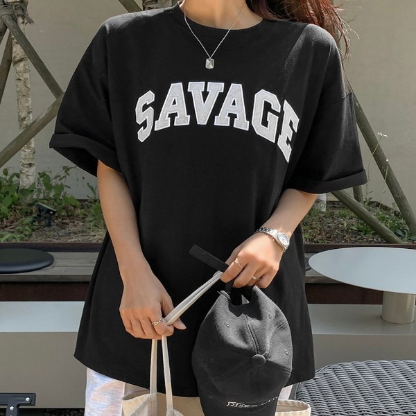 Savage 자수패치 루즈핏 반팔 티셔츠 4col