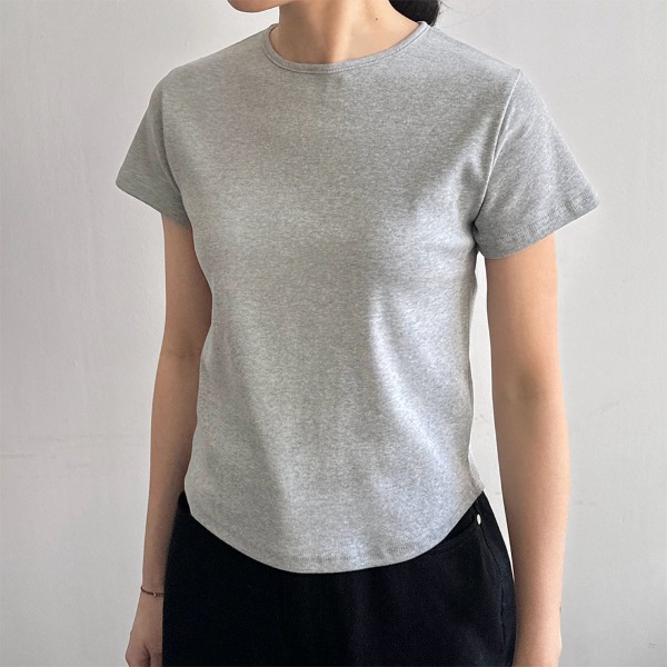 여성 크롭 반팔 라운드 뒷단추 숏롱 티셔츠